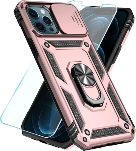 Miniatura 45 de SunStory Funda compatible con iPhone 12 Pro Max con protector de pantalla HD, cubierta de cámara deslizante y soporte de anillo giratorio