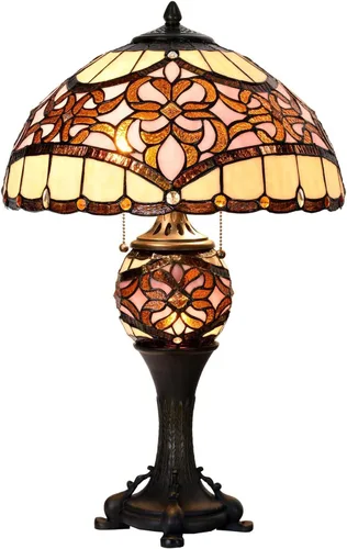 Miniatura 8 de Bieye L10869 Lámpara de mesa estilo Tiffany de vidrio de color Barroco para decoración del hogar (30 cm, Rojo)