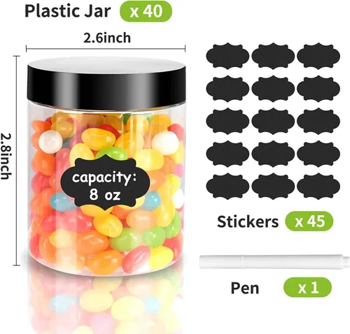Miniatura 2 de Paquete de 40 frascos de plástico con tapas, Gencywe 8 oz recipientes transparentes para limo y cosméticos con bolígrafo y etiquetas, frascos