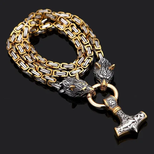 Miniatura 2 de Collar con colgante de cabeza de lobo Thor Mjolnir Viking Jewelry