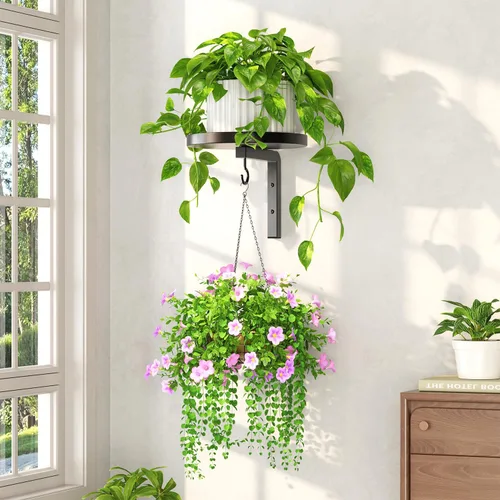 Miniatura 8 de LASZOLA 2 piezas de estantes de pared para plantas con ganchos para macetas de interior, soportes flotantes de ventana de metal resistente para Negro