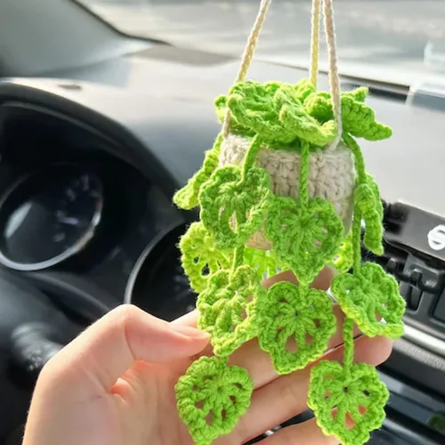 Miniatura 9 de Planta colgante de ganchillo para automóvil, colgador de espejo de automóvil de punto, cesta colgante de ganchillo para plantas de automóvil, lindos