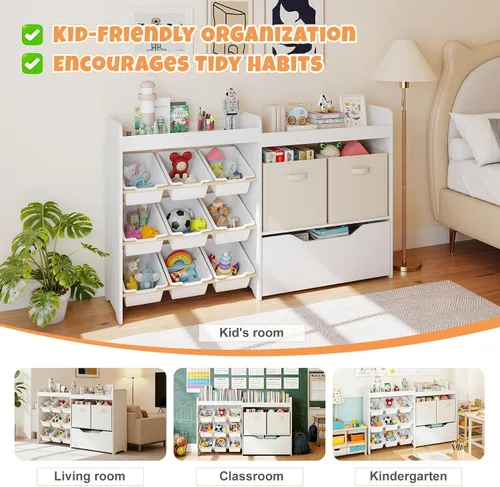 Miniatura 7 de COSVALVE Organizador de almacenamiento de juguetes para niños, organizadores de juguetes de 4 niveles con 2 cubos abiertos, 9 cajas y 2 contenedores