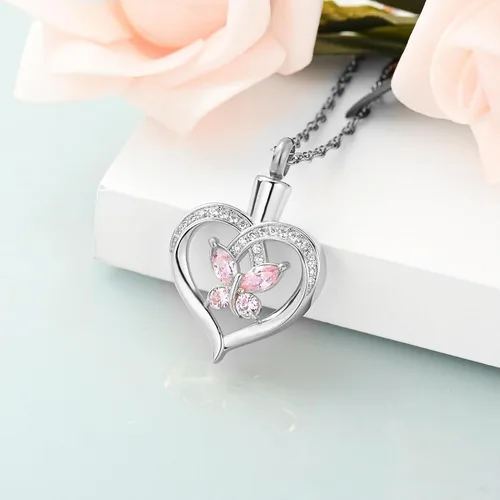 Miniatura 40 de Imrsanl Collares de urna de mariposa para mujeres y niñas, joyería de cremación con piedra natal, colgante para cenizas humanas, medallón