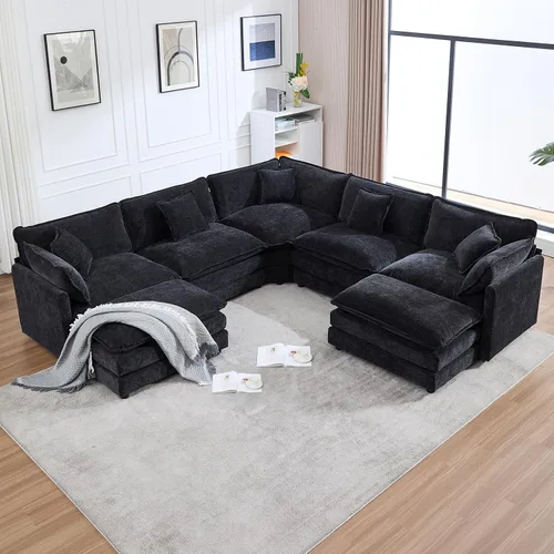 Miniatura 33 de Sofá modular Cloud seccional, moderno sofá modular en forma de L de felpilla con otomana y almohadas, sofás esquineros de asiento profundo de 5 Negro