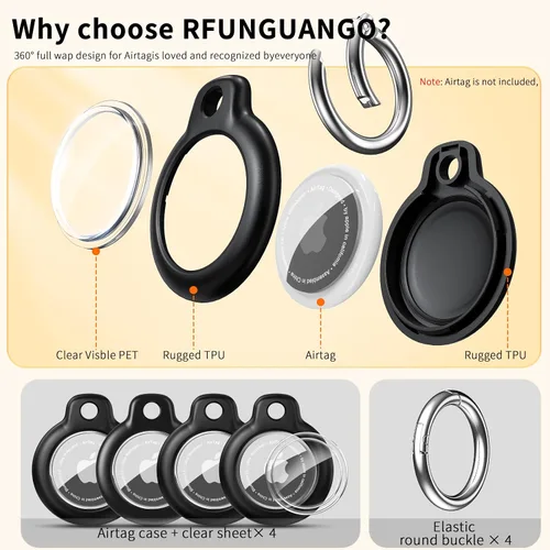 Miniatura 7 de RFUNGUANGO Paquete de 4 soportes para AirTag de Apple con llavero, funda protectora dura para niños, mascotas, equipaje, mochila y llave, paquete