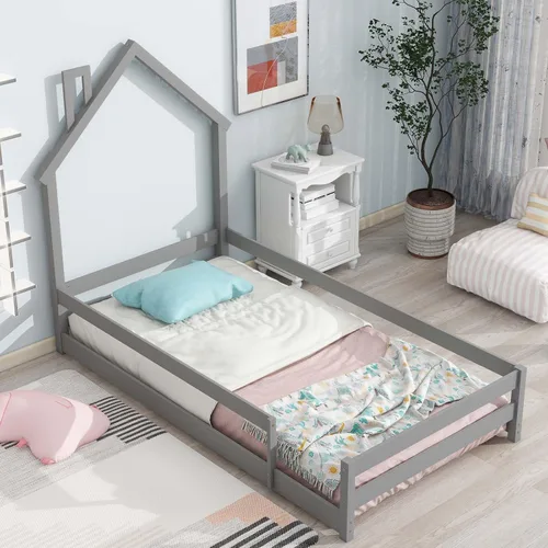 Miniatura 4 de Cama Montessori de madera tamaño individual con cabecera y cercas en forma de casa, cama de plataforma completa para niños, niñas, niños, altura Gris