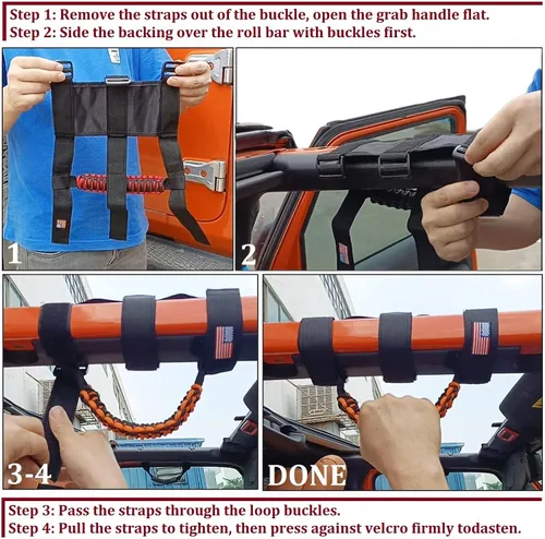 Miniatura 4 de Accesorios para Jeep Bandera de EE.UU. Mango de Agarre para Barra Antivuelco Compatible con Jeep Wrangler YJ TJ JK JKU JL JLU y Gladiator JT Negro