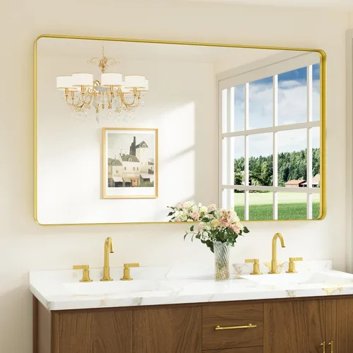 Miniatura 48 de Keonjinn Espejos de baño negros para sobre el fregadero, espejos cuadrados grandes de 36 x 36 pulgadas para pared, espejo rectangular redondeado