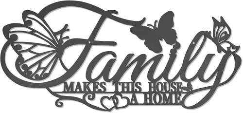 Miniatura 9 de Family Where Life Begins Love Never Ends Word - Decoración de pared de metal negro con corazón de mariposas, escultura colgante de letras de hierro