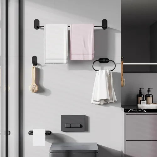 Miniatura 3 de Toallero autoadhesivo para baño, acero inoxidable de 24 pulgadas y aleación de zinc, sin taladro, toallero resistente, para cocina, gabinete, Negro