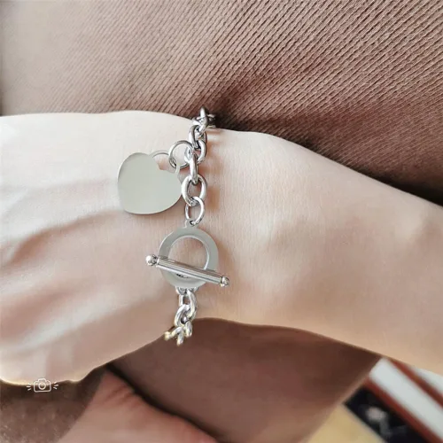 Miniatura 4 de CHUU YUNG Elegent - Pulsera de acero inoxidable con dije de corazón con cierre de palanca, chapado en oro y plata, cierre de OT, pulsera de cadena