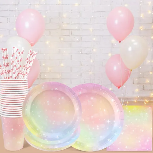 Miniatura 4 de Recheel Suministros de decoración para fiesta de cumpleaños de pastel, juego de platos de papel y servilletas de temática arcoíris con vasos