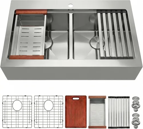 Miniatura 30 de LQS Fregadero de cocina dorado de 32 x 18 pulgadas, fregaderos de cocina empotrados, fregaderos de acero inoxidable de doble tazón 50/50