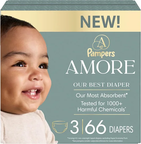 Pampers Amore, tamaño 3 (13-26 libras), 66 unidades, nuestro mejor pañal, hipoalergénico y sin fragancia, hasta 100% a prueba de fugas, suave como