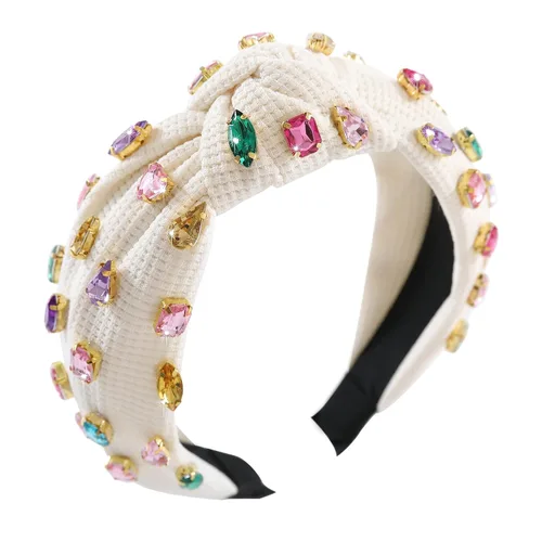 Diadema anudada con joyas para mujeres y niñas, diadema de diamantes de imitación de cristal brillante, nudo superior ancho para mujer, diadema Beige