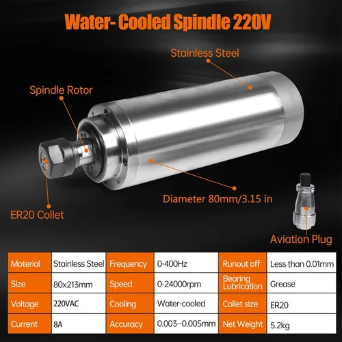 Miniatura 2 de RATTMMOTOR Motor de husillo CNC refrigerado por agua 2.2KW 220V Motor de husillo ER20 Collet 3.150 in Diámetro 8A 400HZ 24000RPM para fresadora CNC