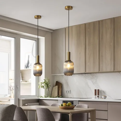 Miniatura 4 de KCO Lighting Lámpara Colgante Mini de Cristal Ahumado, Accesorio de Iluminación de 1 Luz Oro Cepillado, Luces Colgantes para Isla de Cocina