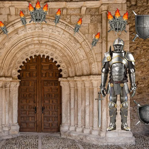 Miniatura 6 de 15 piezas de decoraciones medievales para fiestas de 6 pies, traje articulado de armadura de caballero recortado, accesorios de antorcha medieval