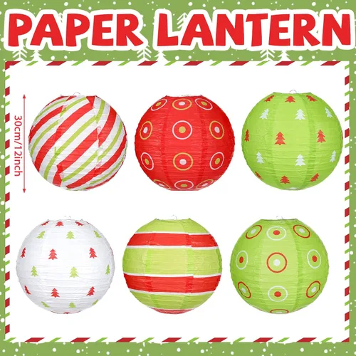 Miniatura 3 de Bencailor Juego de 12 linternas de papel colgantes de Navidad, linternas decorativas para fiesta de Navidad, lámparas colgantes redondas
