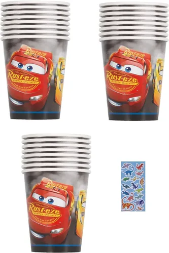 Paquete de suministros para fiesta de cumpleaños de Disney Cars incluye 24 vasos de papel y 1 hoja de calcomanías de dinosaurio