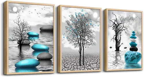 Miniatura 18 de Arte en lienzo enmarcado en negro para decoración de sala de estar y dormitorio - Pintura de pared de playa en blanco y negro - Imágenes de olas