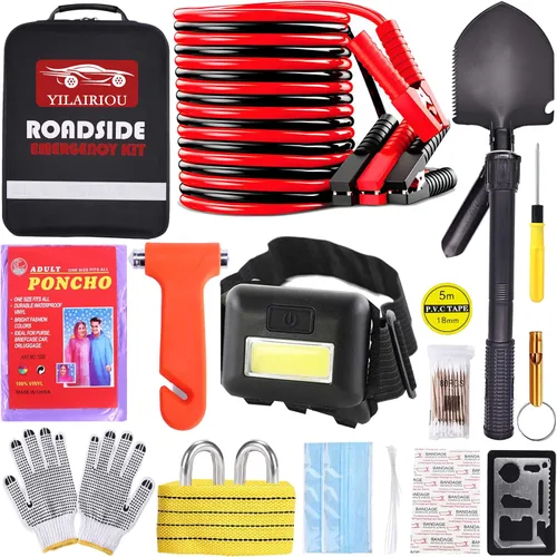Car Roadside Emergency Kit, with Jumper Cables Automotive Kit,Car Safety Roadside Assistance Kit Headlamp,Tow Straps, Safety Hammers, Rainwear,