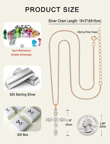 Miniatura 141 de YL Collar de cruz de plata de ley 925 con colgante de piedra natal religiosa para mujer