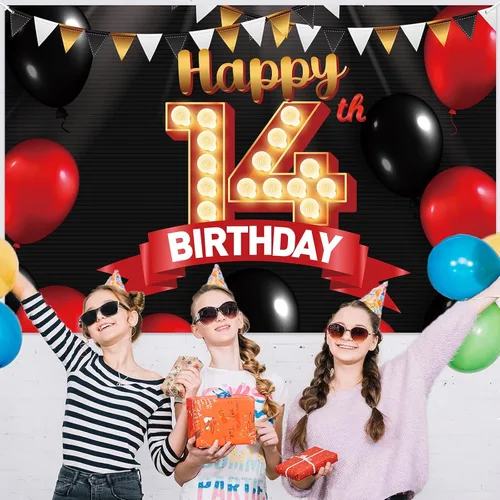 Miniatura 5 de FlagY-Bn-14 - Cartel de feliz cumpleaños número 14, decoración de pancarta negra, telón de fondo dorado, globos rojos y negros, decoración temática