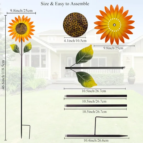 Miniatura 4 de Viveta Paquete de 2 molinillos de viento de girasol de metal para exteriores, escultura de viento decorativa cinética con estaca resistente