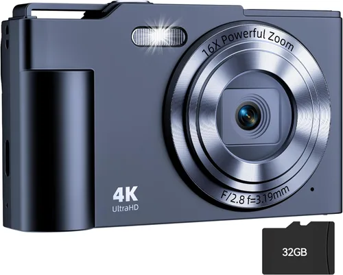 Miniatura 13 de Cámara digital, FHD 4K Cámara digital de apuntar y disparar con zoom de 16X antivibración, cámara pequeña compacta de 48 MP con tarjeta de 32 GB