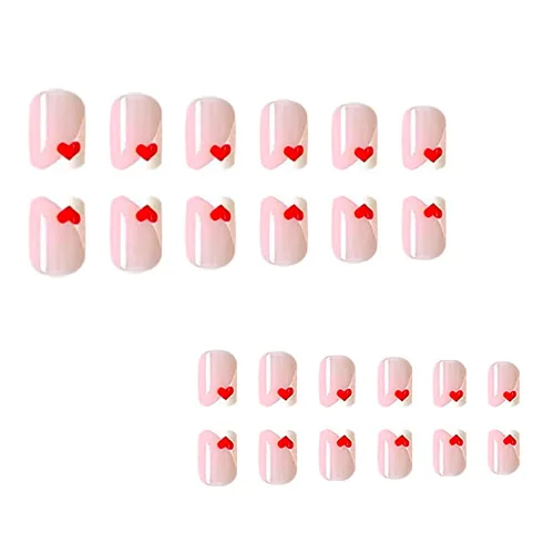 Miniatura 6 de Uñas postizas cuadradas cortas a presión para el día de San Valentín, uñas blancas francesas con pegamento, uñas postizas con diseño de corazón