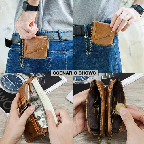 Miniatura 5 de Contacts RFID - Monedero con doble cremallera para hombre (piel, con cadena antirrobo), Marrón, talla única