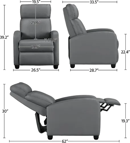 Miniatura 3 de Yaheetech Asiento de cine en casa, silla reclinable de piel sintética, moderna para sala de estar, sofá reclinable con bolsillo, color gris primavera