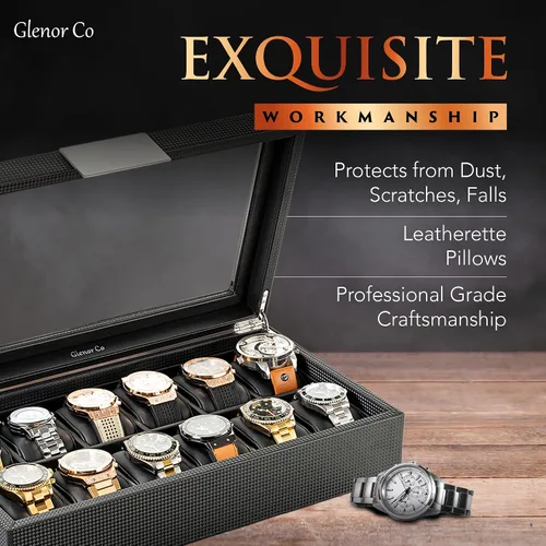 Miniatura 3 de Caja para relojes para hombre - caja de exhibición de fibra de carbono de lujo con 12 ranuras, caja grande, hebilla de metal - negro