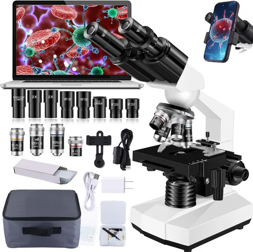 Microscopio para adultos con oculares WF10x y WF25x, aumento de 40X-2000X, cámara USB, microscopio para adultos adecuado para laboratorio y escuela