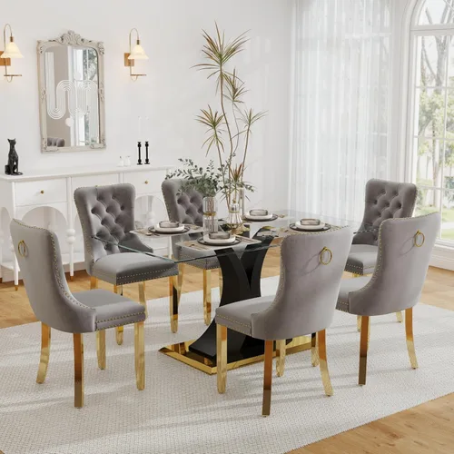 Miniatura 27 de Moderno juego de comedor de cristal de lujo para 6, 63 pulgadas, juego de vajilla rectangular minimalista grande para 6, juego de mesa de cocina