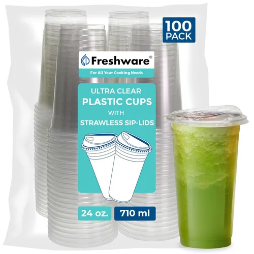 Miniatura 8 de Freshware Vasos de plástico transparente con tapas para sorbos sin popote [100 tazas – 12 onzas] Vaso desechable para café helado, batido, bebidas
