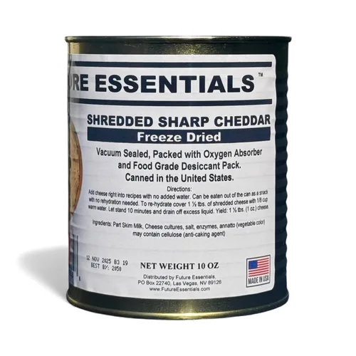 Miniatura 7 de Future Essentials Queso cheddar afilado liofilizado - Lata #2.5 - Suministro de alimentos de emergencia - Vida útil de 25 años - Fabricado
