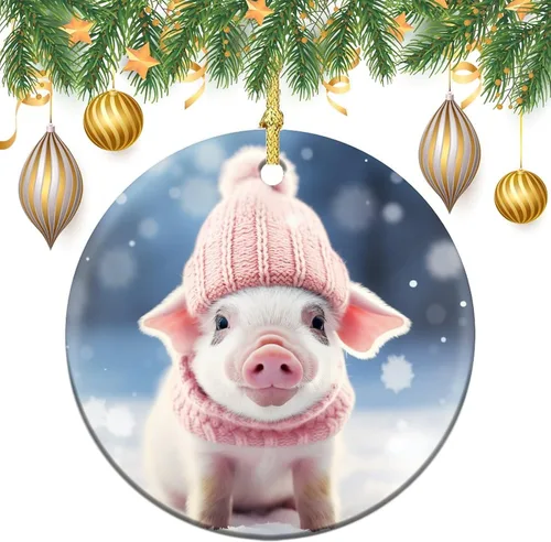 Miniatura 2 de Adorno de animales de granja, cerdo, adornos para árbol de Navidad, animales de granja para niños y niñas, decoración redonda de cerámica