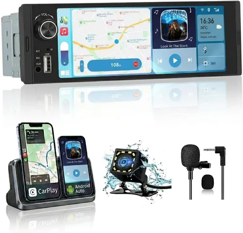 Estéreo de Automóvil de Un Solo DIN, Radio con Pantalla Táctil HD IPS de 6.36 Pulgadas CarPlay y Android Auto con Bluetooth con Cámara de Respaldo,