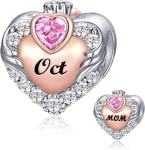 FOREVER QUEEN Abalorio de piedra natal para pulsera de plata de ley 925, oro rosa, corazón, amor, mamá, abalorio para pulsera, el mejor regalo de