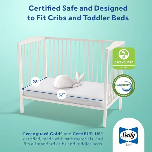 Miniatura 4 de Sealy Baby Colchón para cuna con diseño de mariposa y ajuste de cama infantil, espuma americana de primera calidad, lavable y fácil de limpiar, Raya