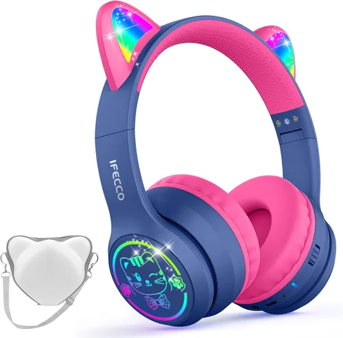 IFECCO Kids Wireless Headphones with Case - Cute LED Light Up Cat Ear,50H Playtime,Safe Volume Limited,Bluetooth 6.0 Kids Girls Headphones for