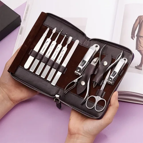 Miniatura 8 de FAMILIFE - Kit de manicura profesional para uñas, 11 en 1, de acero inoxidable, con estuche de viaje portátil de cuero negro, regalos de lujo para él