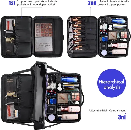 Miniatura 4 de Organizador profesional de cosméticos Travelmall, estuche de formación, de 3 capas, multifunción, en negro, caja artística para cosméticos, cepillos