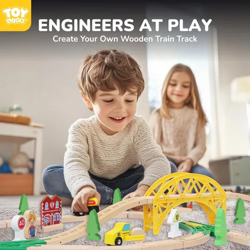 Miniatura 5 de TOY Life Juego de tren de madera, 60 piezas con grúa magnética, juguetes de madera para niños y niñas de 3, 4, 5, 3 años, juguetes de madera