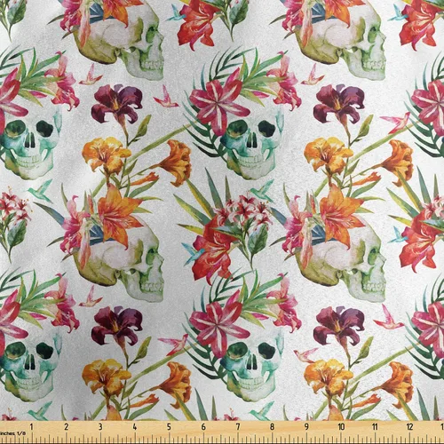 Miniatura 37 de Ambesonne The Yard, tela de calavera colorida con temática de Halloween, diseño de calavera y huesos cruzados, divertido estampado de dibujos