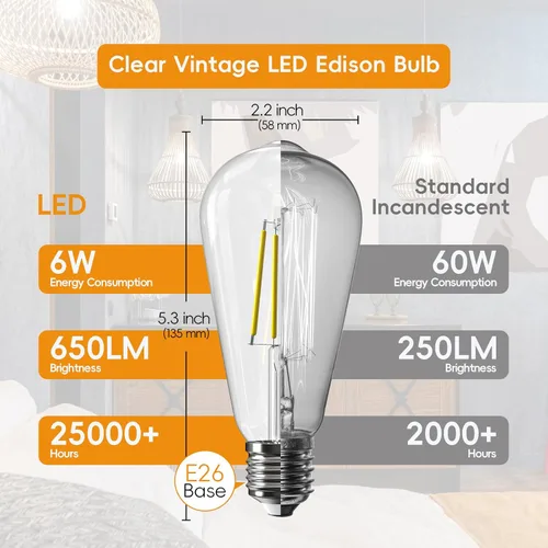 Miniatura 6 de Bombillas Edison Jensense LED E26 de 6W equivalente a 60 vatios, bombillas LED vintage CRI90+ ST19, bombillas de luz clara regulables, 2700K blanco