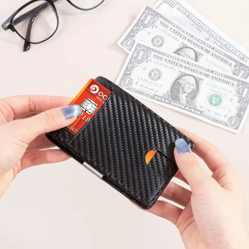Miniatura 5 de kullder Billetera de fibra de carbono para hombres, cartera personalizada RFID delgada con clip de aluminio para dinero, soporte para tarjetas